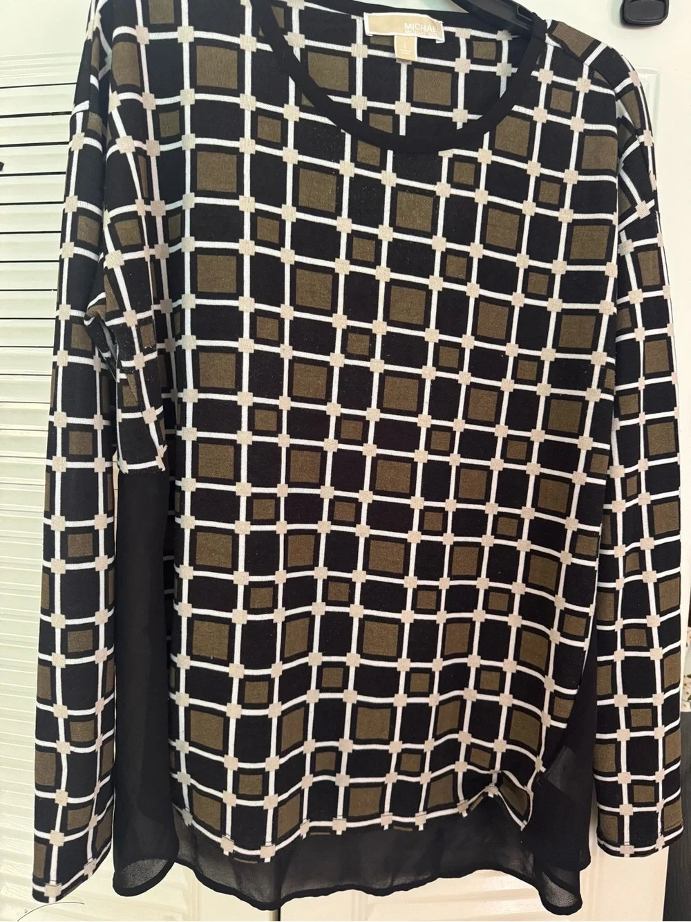 Michael Kors Black Olive & Cream Grid-Print Long Sleeve Top